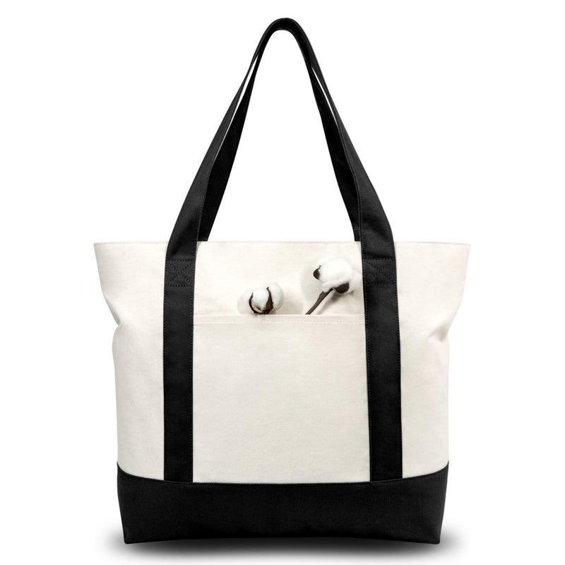 TOPDesign 3-Pack Canvas Tote Bags with an External Pocket, Reusable Grocery Shopping Bags, Top Zipper Closure, Daily Essentials (Black/Natural) - Image 1